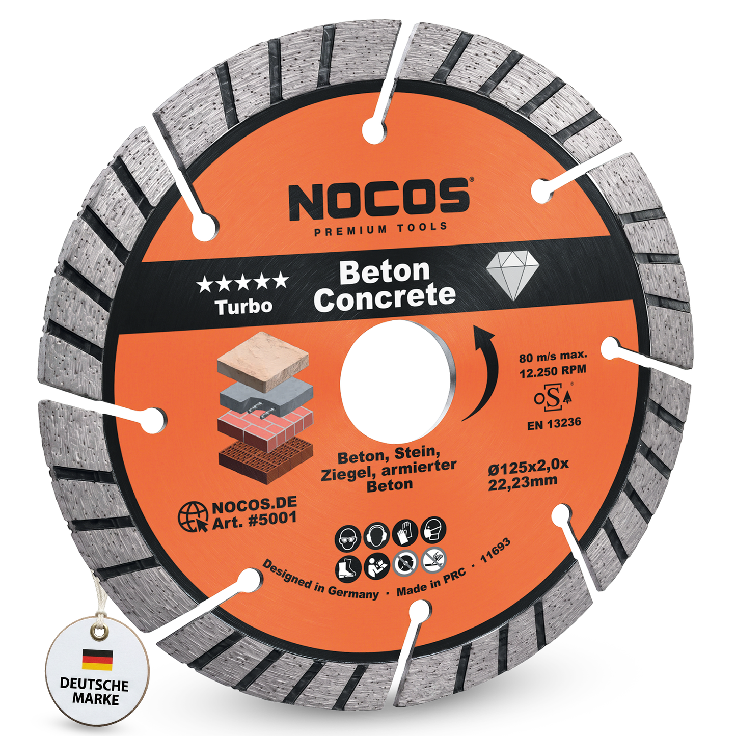 NOCOS Turbo Diamantscheibe 125 mm für Beton, Stein, Ziegel und weitere Baustellenmaterialien - Diamant Trennscheibe für Winkelschleifer und Mauernutfräsen
