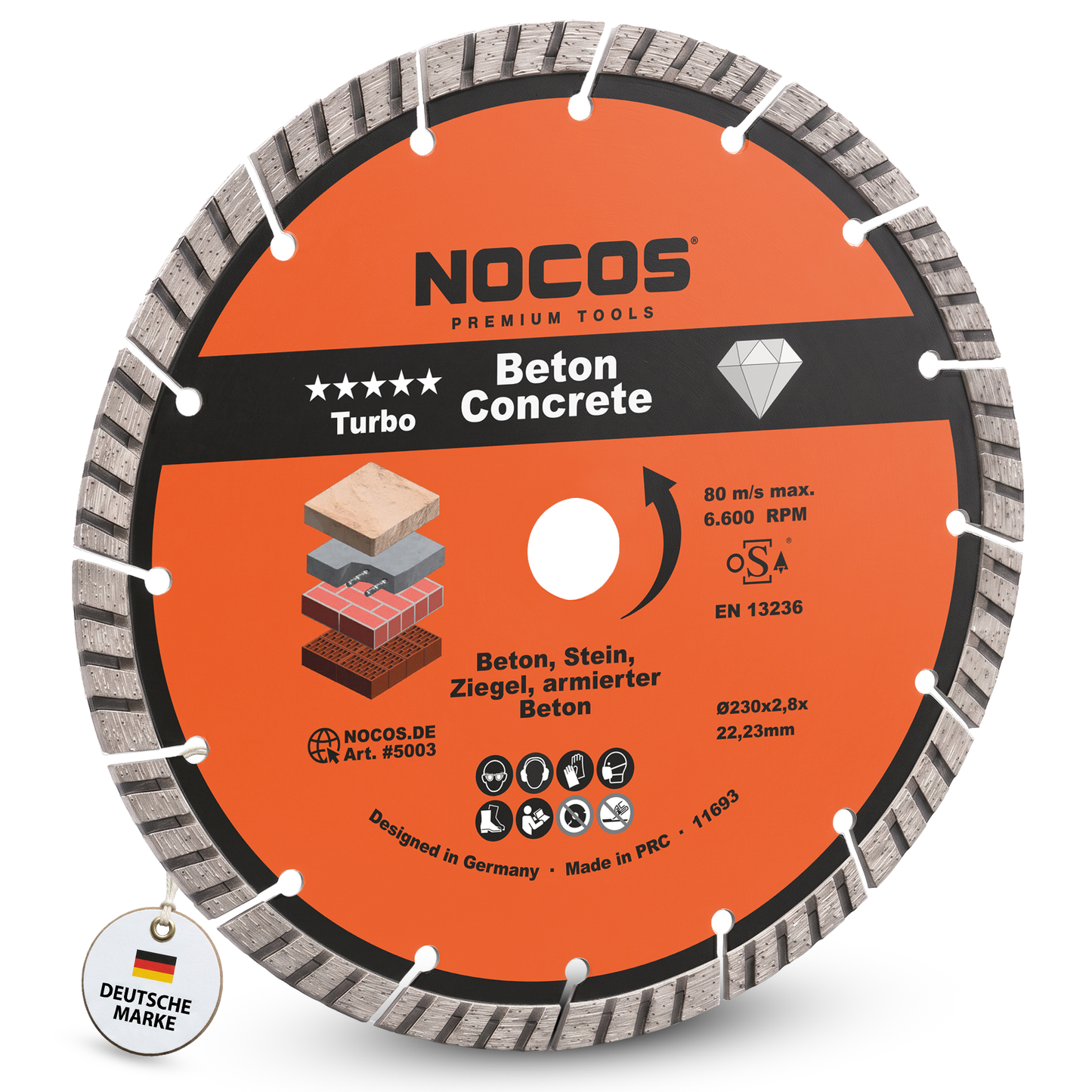 NOCOS Turbo Diamantscheibe 230 mm für Beton, Stein, Ziegel und weitere Baustellenmaterialien - Diamant Trennscheibe für Winkelschleifer