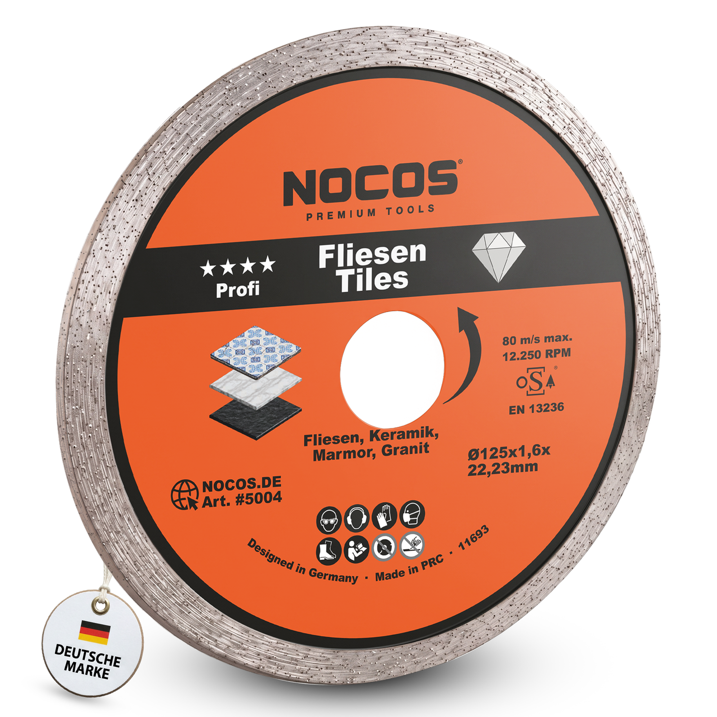 NOCOS Profi Diamant-Fliesenscheibe 125 mm für Fliesen, Keramik, Marmor, Granit und weitere Baustellenmaterialien - Diamant Trennscheibe für Winkelschleifer