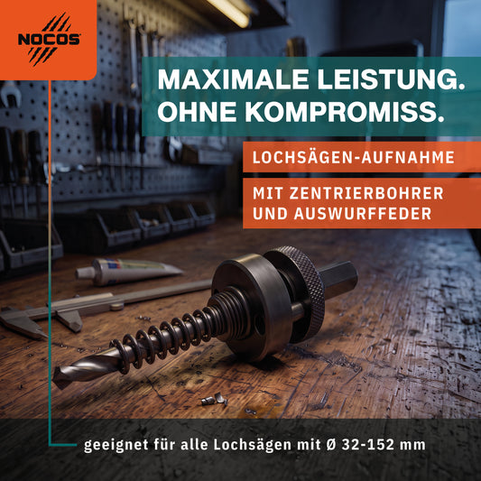 NOCOS Lochsägen-Aufnahme 5/8" mit Zentrierbohrer & Auswurffeder - 6-Kant-Aufnahme (11 mm) mit 112 mm HSSG Zentrierbohrer und starker Auswurffeder - Passend für Lochsägen Ø 32-152 mm