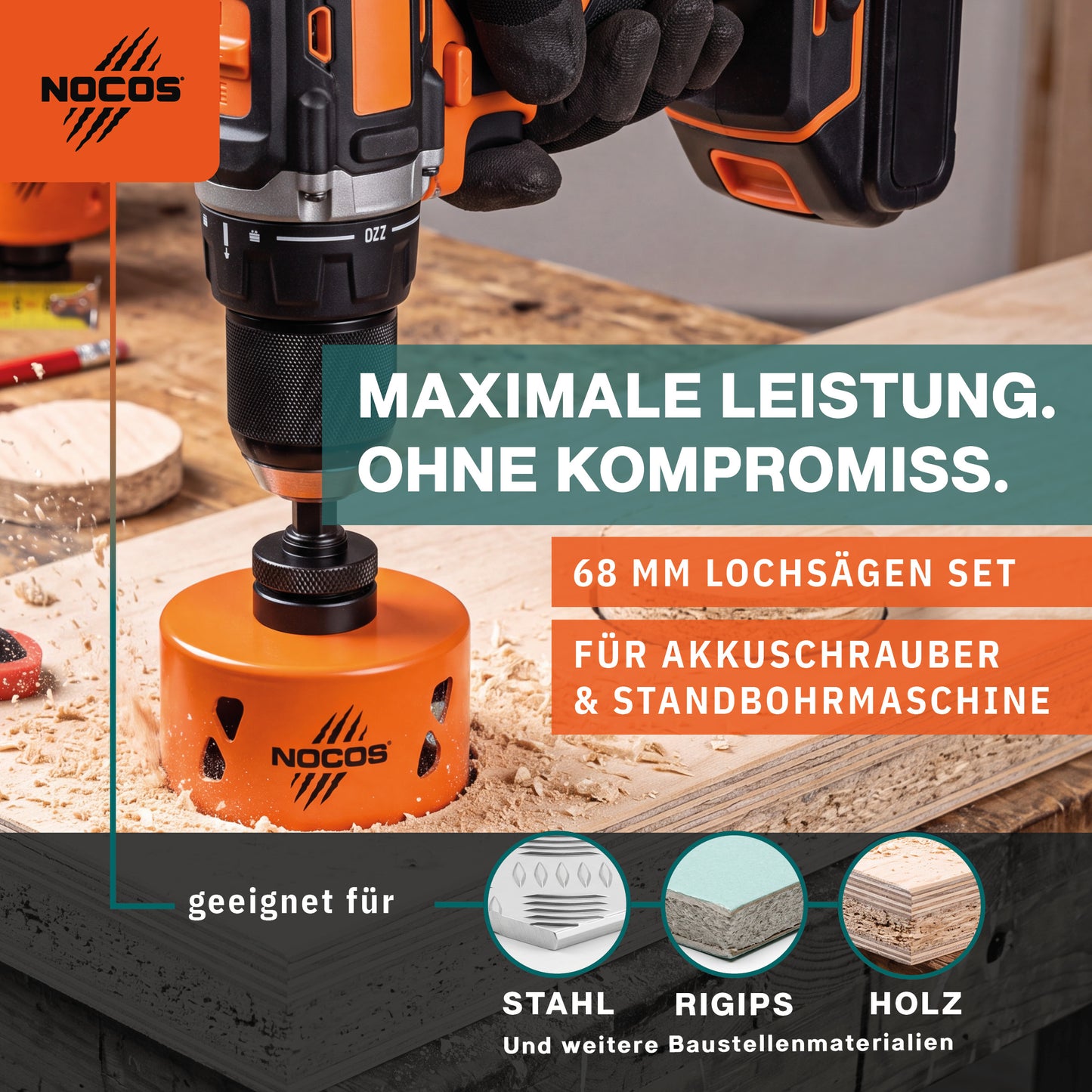 NOCOS Bi-Metall Lochsäge 68 mm HSSE Co 8% Profi-Qualität - inkl. Halter - Für Holz, Metall, Edelstahl, Kunststoff