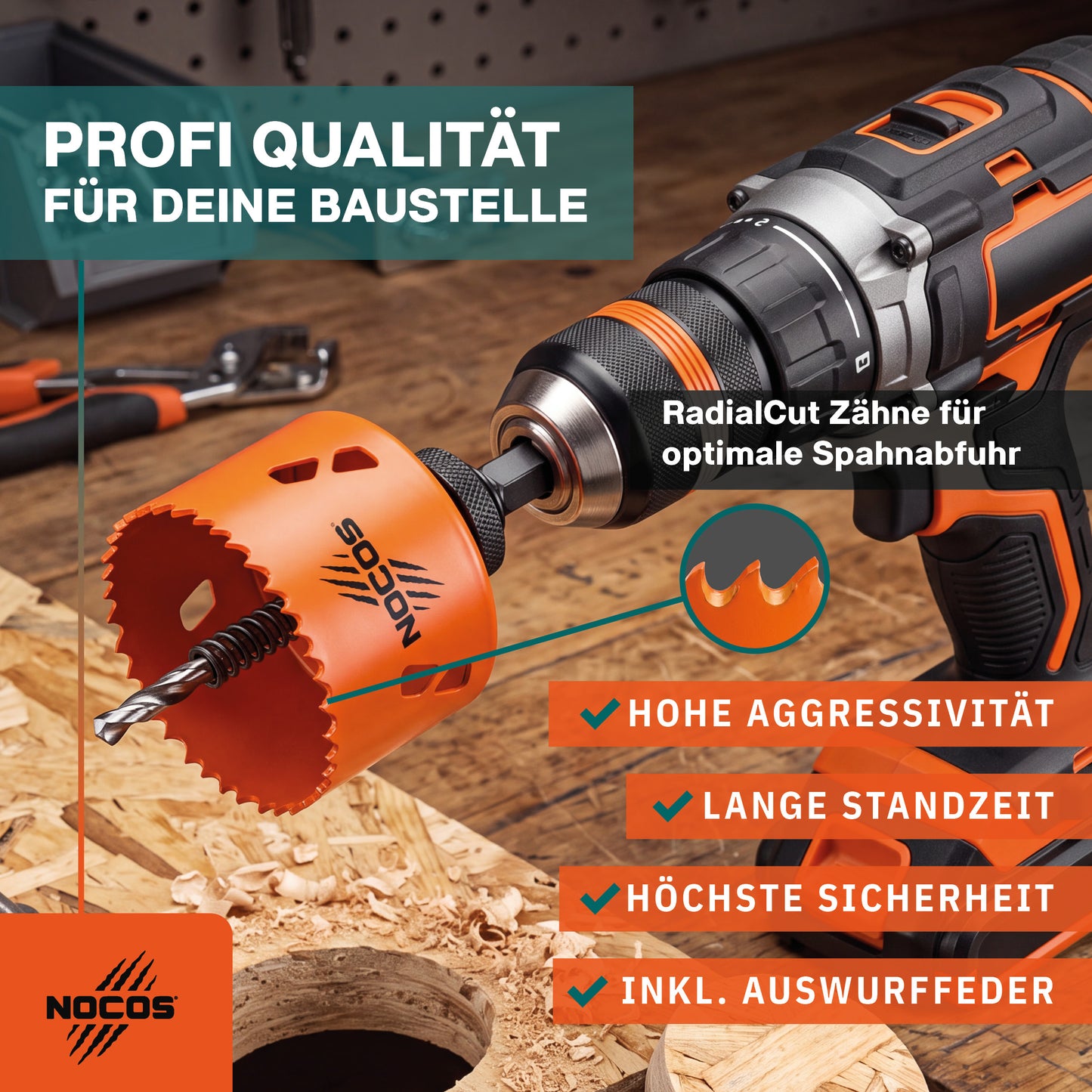 NOCOS Bi-Metall Lochsäge 68 mm HSSE Co 8% Profi-Qualität - inkl. Halter - Für Holz, Metall, Edelstahl, Kunststoff