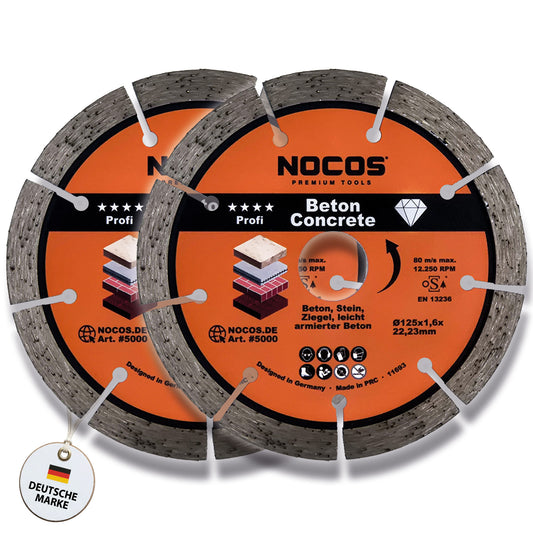 NOCOS Profi Diamantscheibe 125 mm für Beton, Stein, Ziegel und weitere Baustellenmaterialien - Diamant Trennscheibe für Winkelschleifer und Mauernutfräsen - 2er Pack