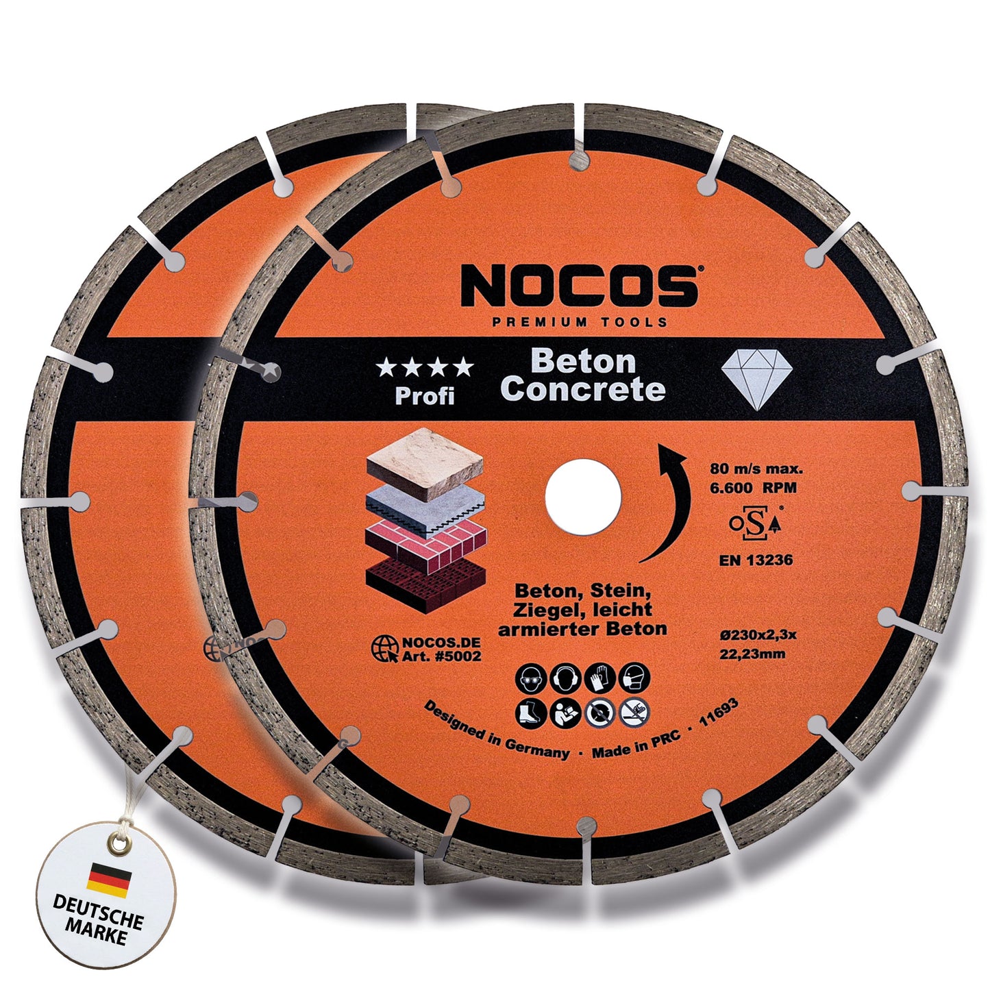 NOCOS Profi Diamantscheibe 230 mm für Beton, Stein, Ziegel und weitere Baustellenmaterialien - Diamant Trennscheibe für Winkelschleifer - 2er Pack