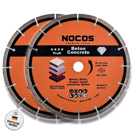 NOCOS Profi Diamantscheibe 230 mm für Beton, Stein, Ziegel und weitere Baustellenmaterialien - Diamant Trennscheibe für Winkelschleifer - 2er Pack