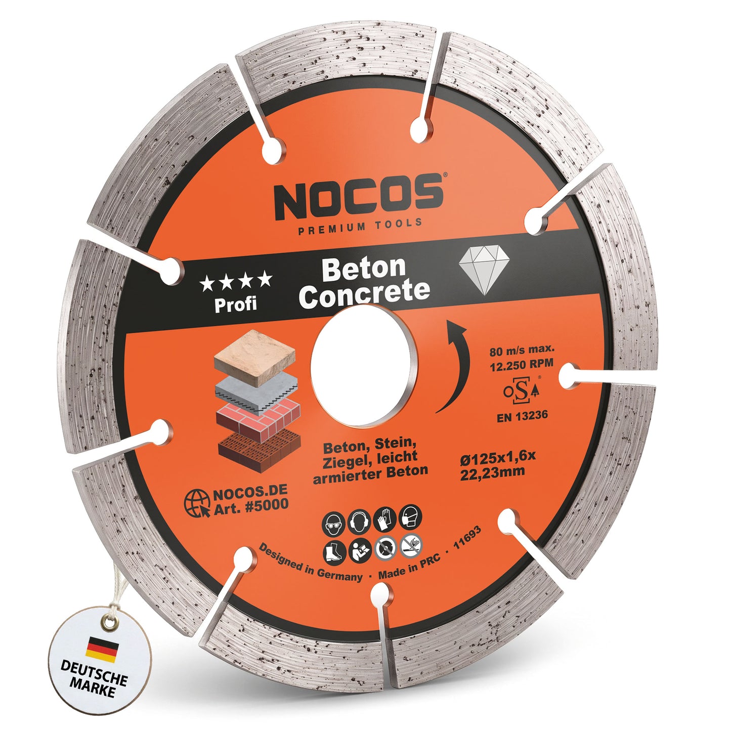 NOCOS Profi Diamantscheibe 125 mm für Beton, Stein, Ziegel und weitere Baustellenmaterialien - Diamant Trennscheibe für Winkelschleifer und Mauernutfräsen