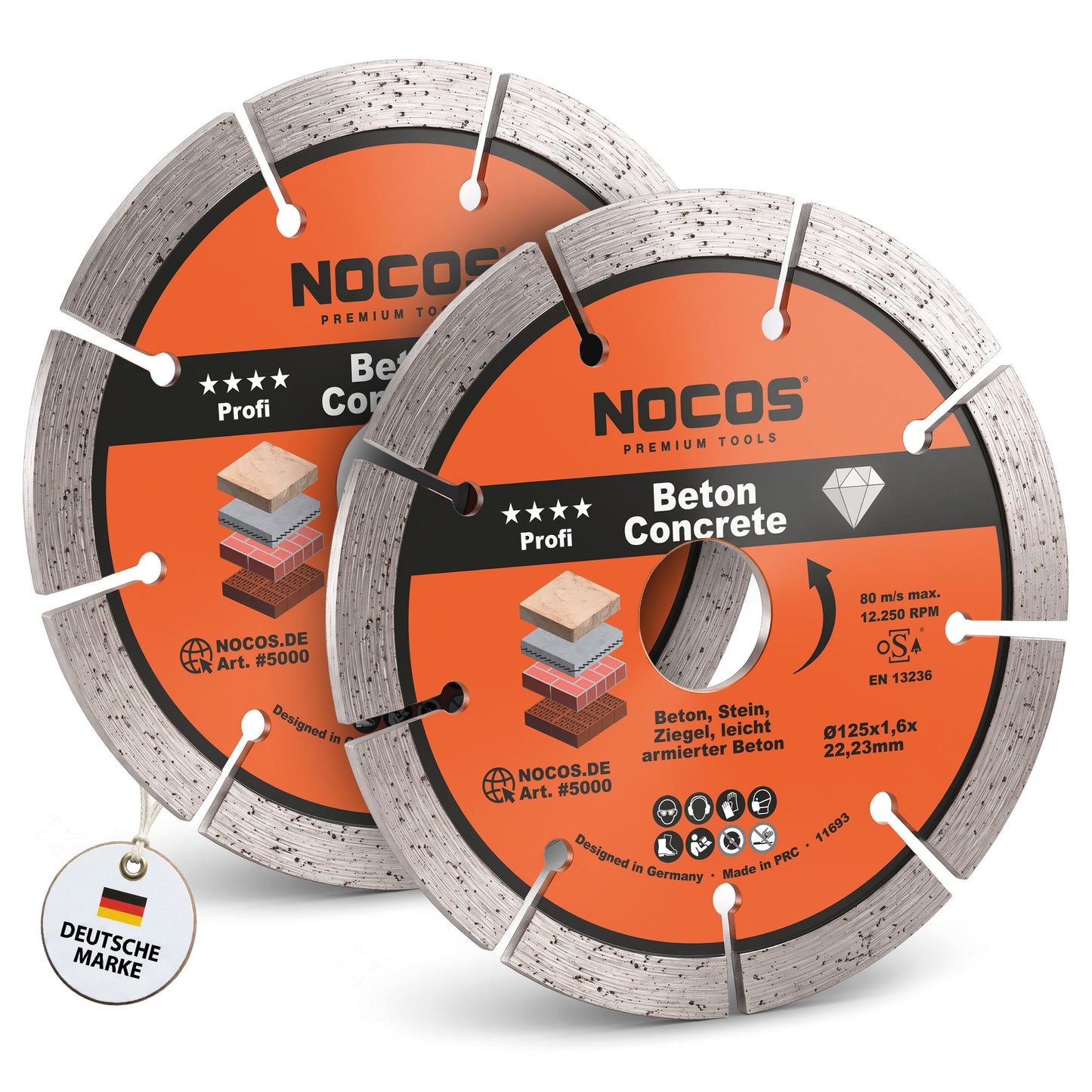 NOCOS Profi Diamantscheibe 125 mm für Beton, Stein, Ziegel und weitere Baustellenmaterialien - Diamant Trennscheibe für Winkelschleifer und Mauernutfräsen - 2er Pack
