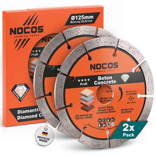 NOCOS Profi Diamantscheibe 125 mm für Beton, Stein, Ziegel und weitere Baustellenmaterialien - Diamant Trennscheibe für Winkelschleifer und Mauernutfräsen - 2er Pack