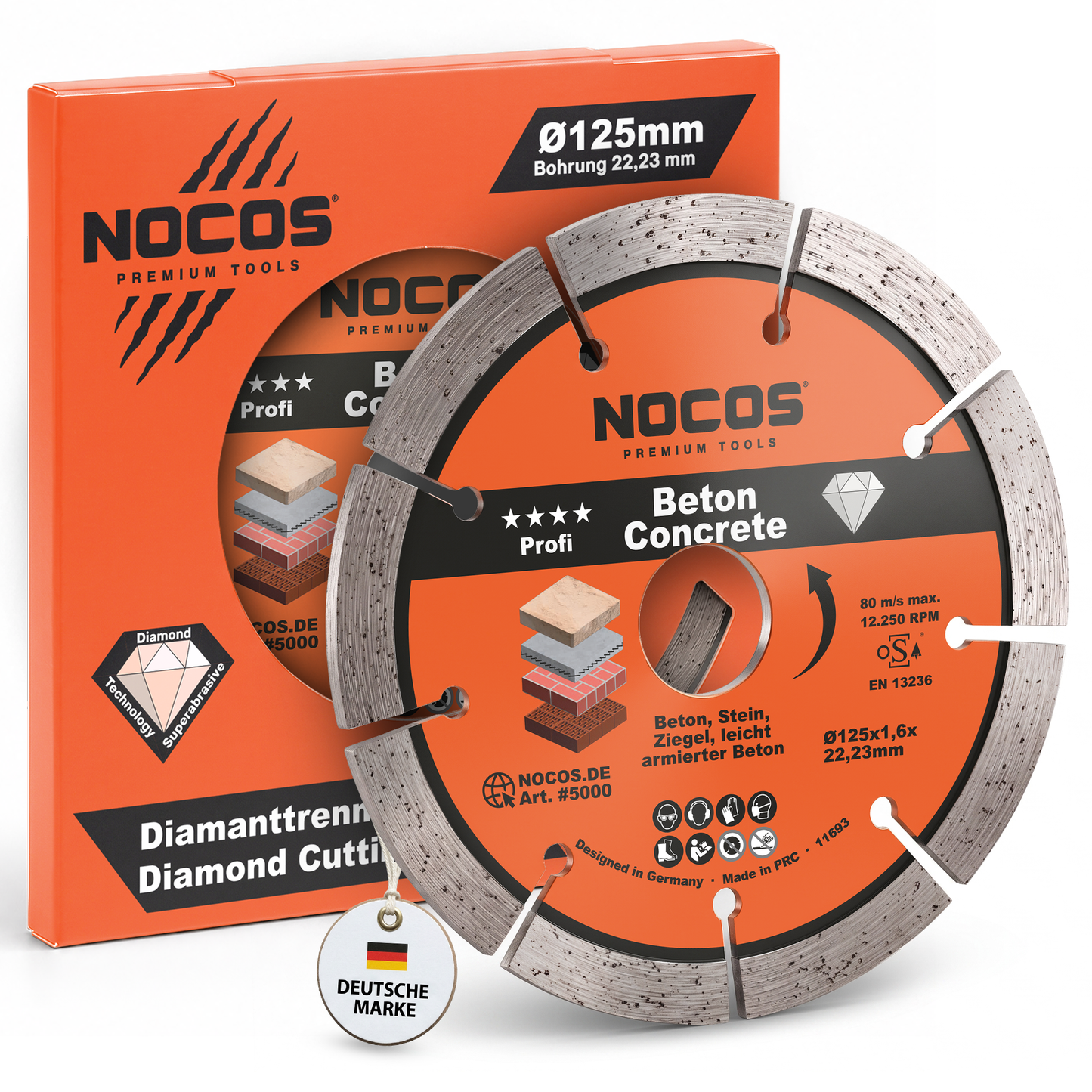 NOCOS Profi Diamantscheibe 125 mm für Beton, Stein, Ziegel und weitere Baustellenmaterialien - Diamant Trennscheibe für Winkelschleifer und Mauernutfräsen