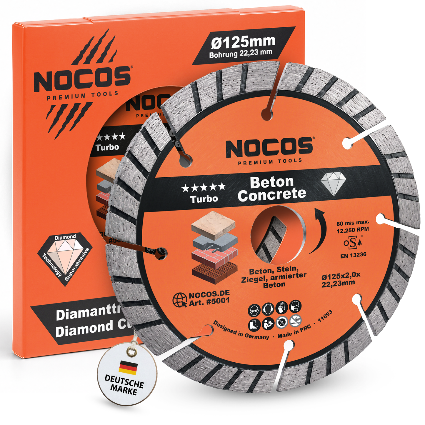 NOCOS Turbo Diamantscheibe 125 mm für Beton, Stein, Ziegel und weitere Baustellenmaterialien - Diamant Trennscheibe für Winkelschleifer und Mauernutfräsen
