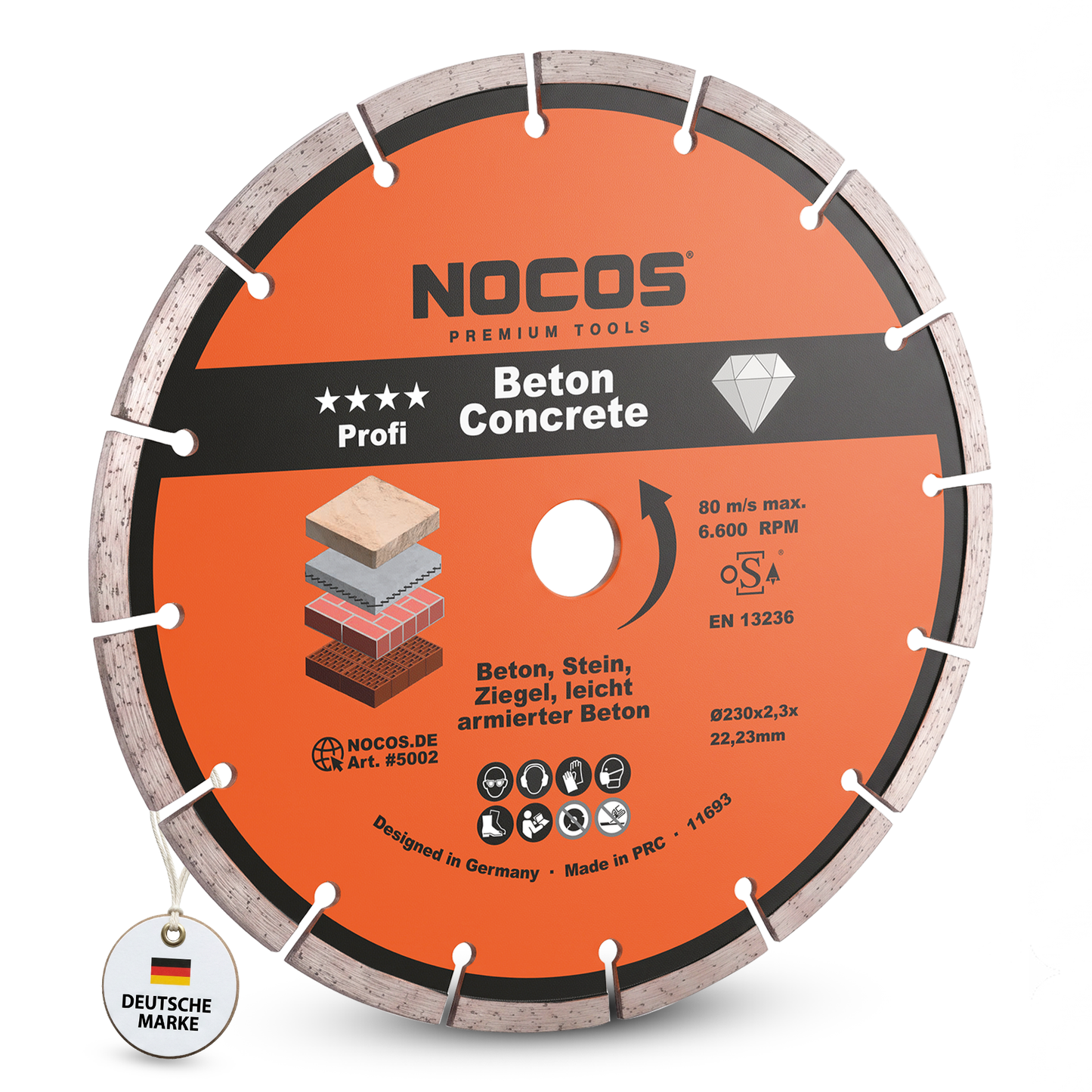 NOCOS Profi Diamantscheibe 230 mm für Beton, Stein, Ziegel und weitere Baustellenmaterialien - Diamant Trennscheibe für Winkelschleifer