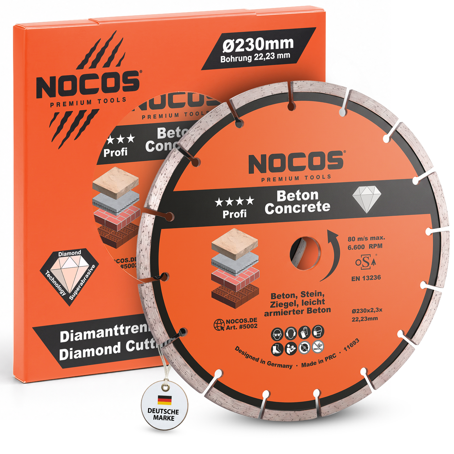 NOCOS Profi Diamantscheibe 230 mm für Beton, Stein, Ziegel und weitere Baustellenmaterialien - Diamant Trennscheibe für Winkelschleifer