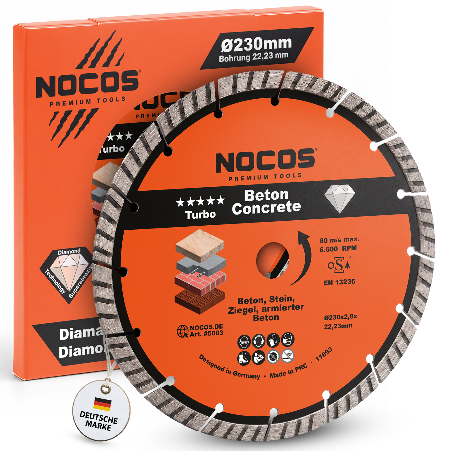 NOCOS Turbo Diamantscheibe 230 mm für Beton, Stein, Ziegel und weitere Baustellenmaterialien - Diamant Trennscheibe für Winkelschleifer