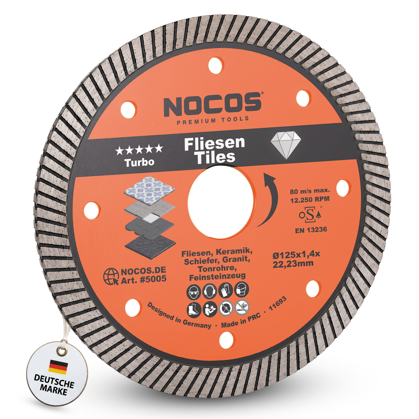 NOCOS Turbo Diamant-Fliesenscheibe 125 mm für Fliesen, Keramik, Marmor, Granit und weitere Baustellenmaterialien - Diamant Trennscheibe für Winkelschleifer