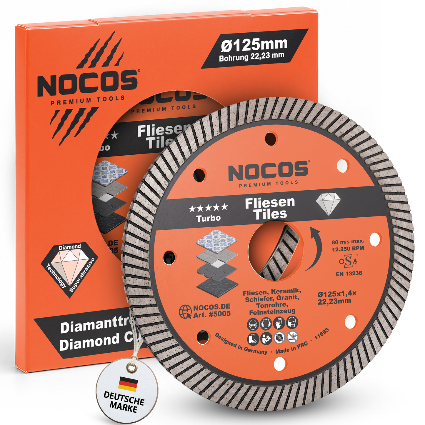 NOCOS Turbo Diamant-Fliesenscheibe 125 mm für Fliesen, Keramik, Marmor, Granit und weitere Baustellenmaterialien - Diamant Trennscheibe für Winkelschleifer