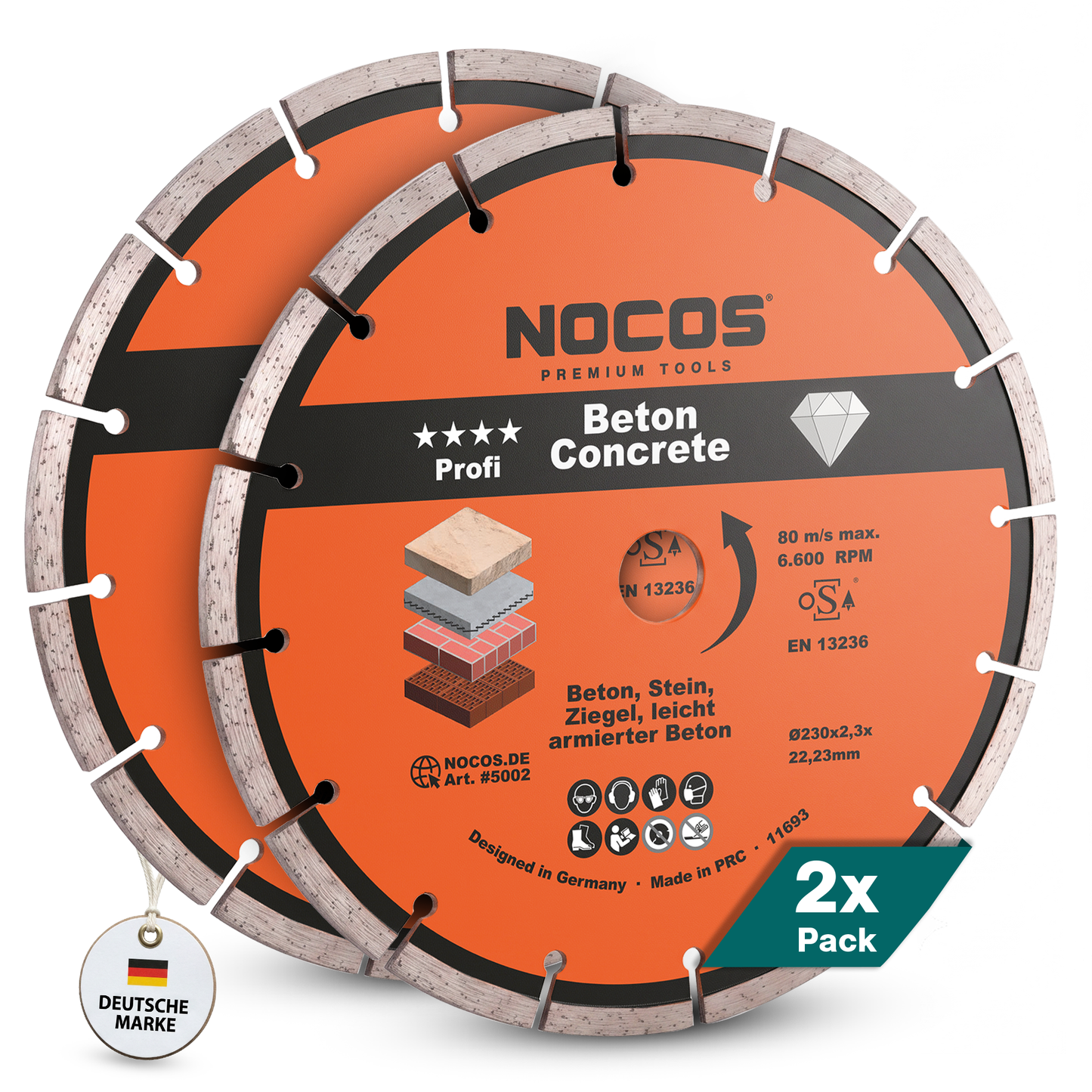 NOCOS Profi Diamantscheibe 230 mm für Beton, Stein, Ziegel und weitere Baustellenmaterialien - Diamant Trennscheibe für Winkelschleifer - 2er Pack