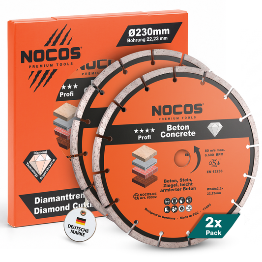 NOCOS Profi Diamantscheibe 230 mm für Beton, Stein, Ziegel und weitere Baustellenmaterialien - Diamant Trennscheibe für Winkelschleifer - 2er Pack