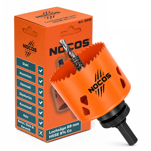 NOCOS Bi-Metall Lochsäge 68 mm HSSE Co 8% Profi-Qualität - inkl. Halter - Für Holz, Metall, Edelstahl, Kunststoff