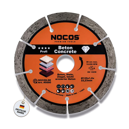 NOCOS Profi Diamantscheibe 125 mm für Beton, Stein, Ziegel und weitere Baustellenmaterialien - Diamant Trennscheibe für Winkelschleifer und Mauernutfräsen