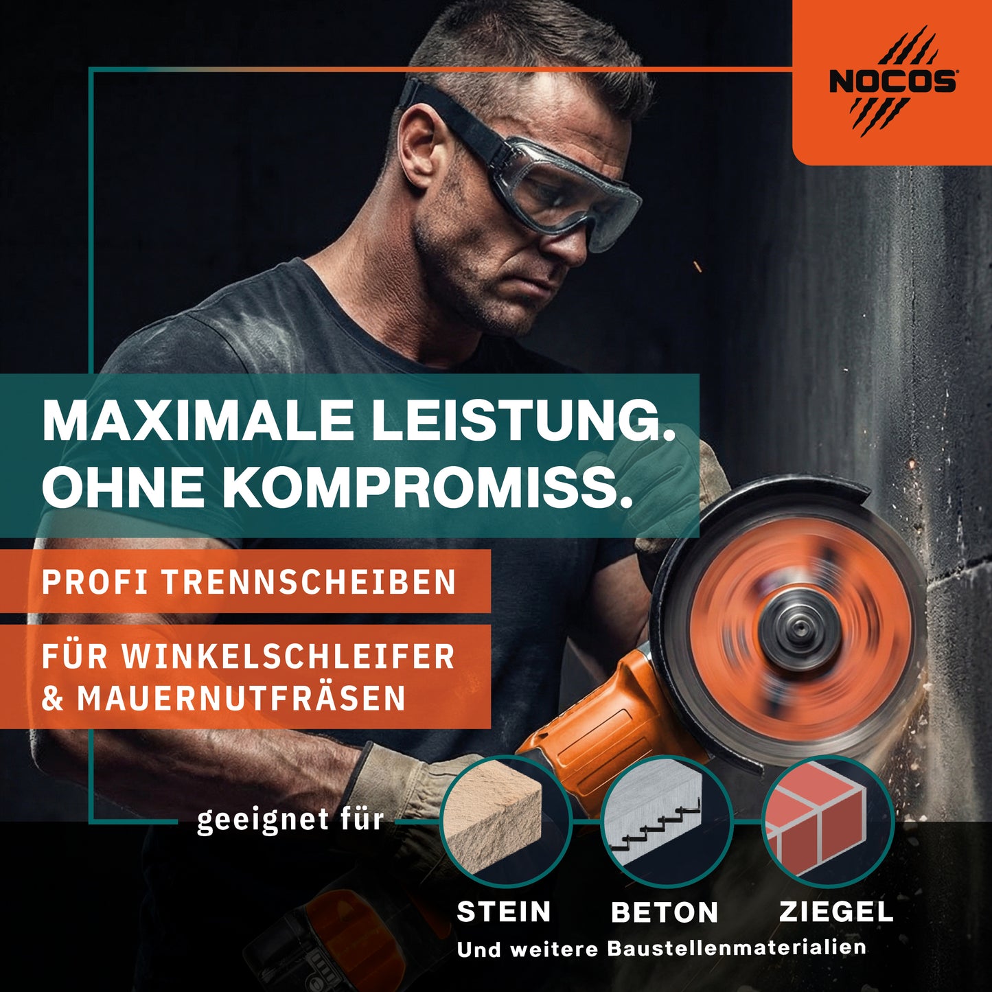 NOCOS Profi Diamantscheibe 125 mm für Beton, Stein, Ziegel und weitere Baustellenmaterialien - Diamant Trennscheibe für Winkelschleifer und Mauernutfräsen