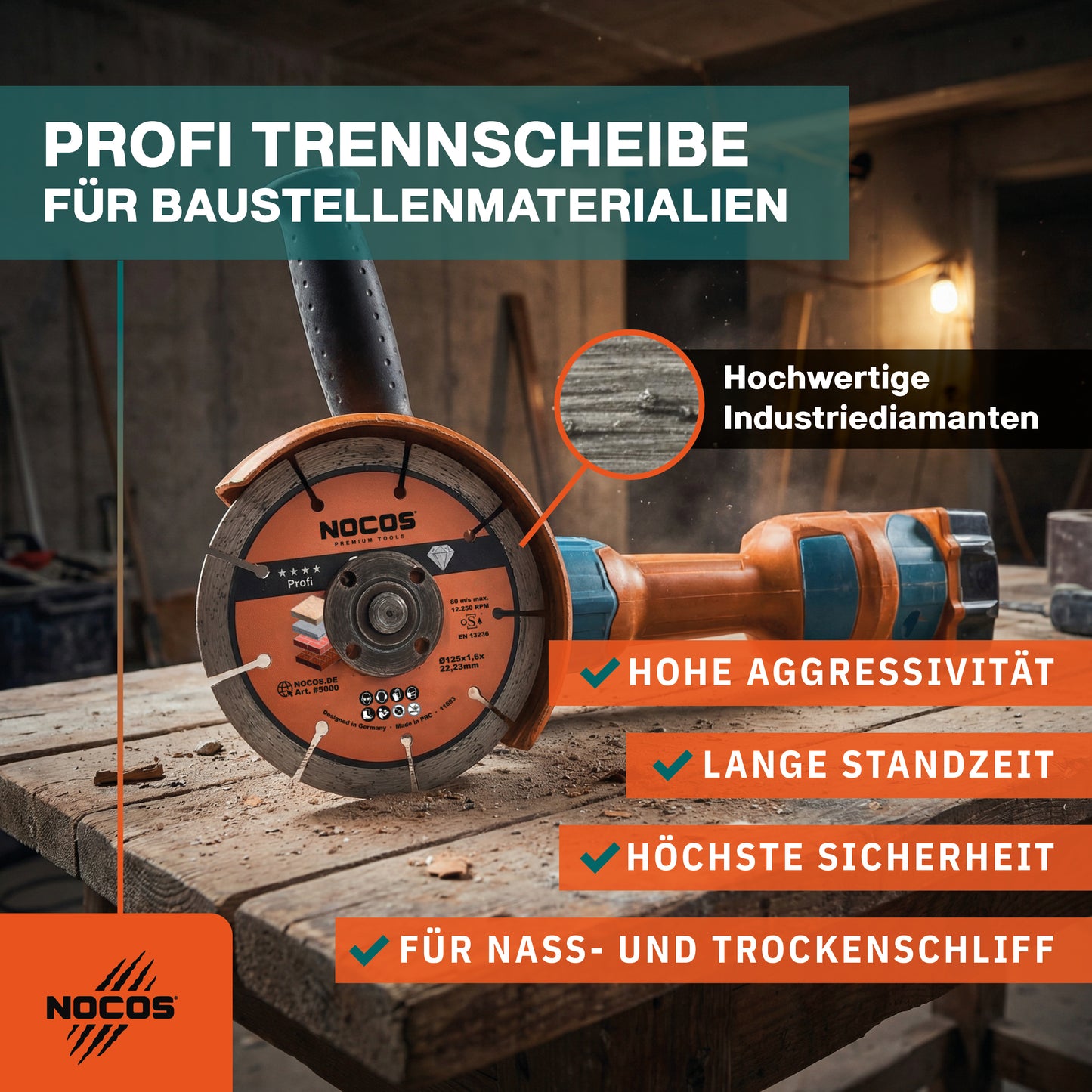 NOCOS Profi Diamantscheibe 125 mm für Beton, Stein, Ziegel und weitere Baustellenmaterialien - Diamant Trennscheibe für Winkelschleifer und Mauernutfräsen - 2er Pack