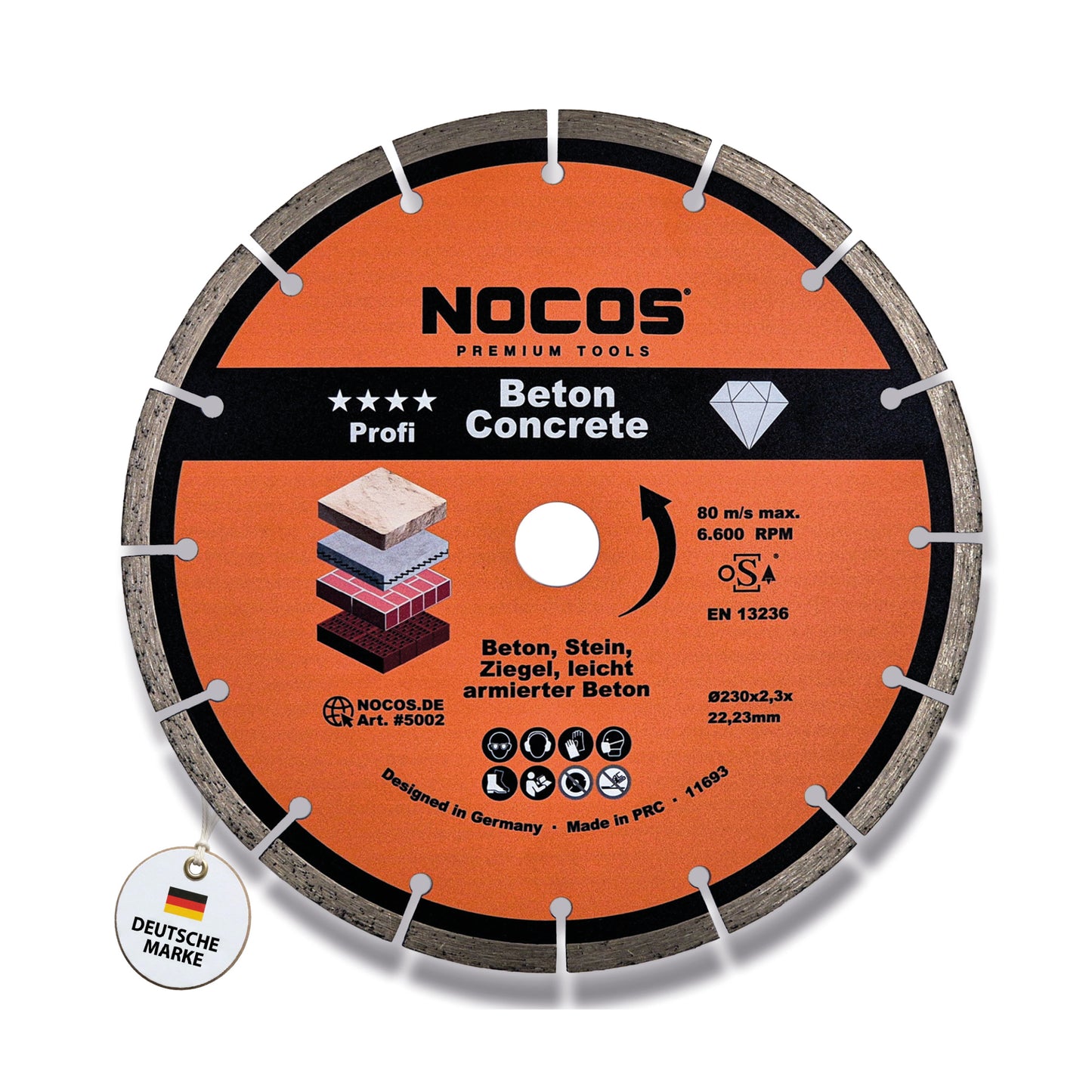 NOCOS Profi Diamantscheibe 230 mm für Beton, Stein, Ziegel und weitere Baustellenmaterialien - Diamant Trennscheibe für Winkelschleifer