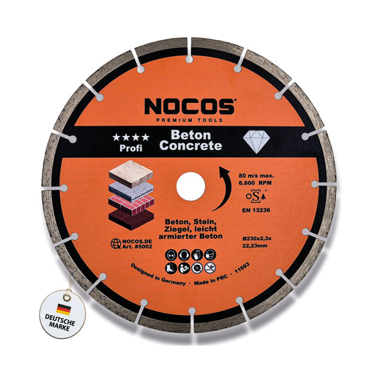 NOCOS Profi Diamantscheibe 230 mm für Beton, Stein, Ziegel und weitere Baustellenmaterialien - Diamant Trennscheibe für Winkelschleifer