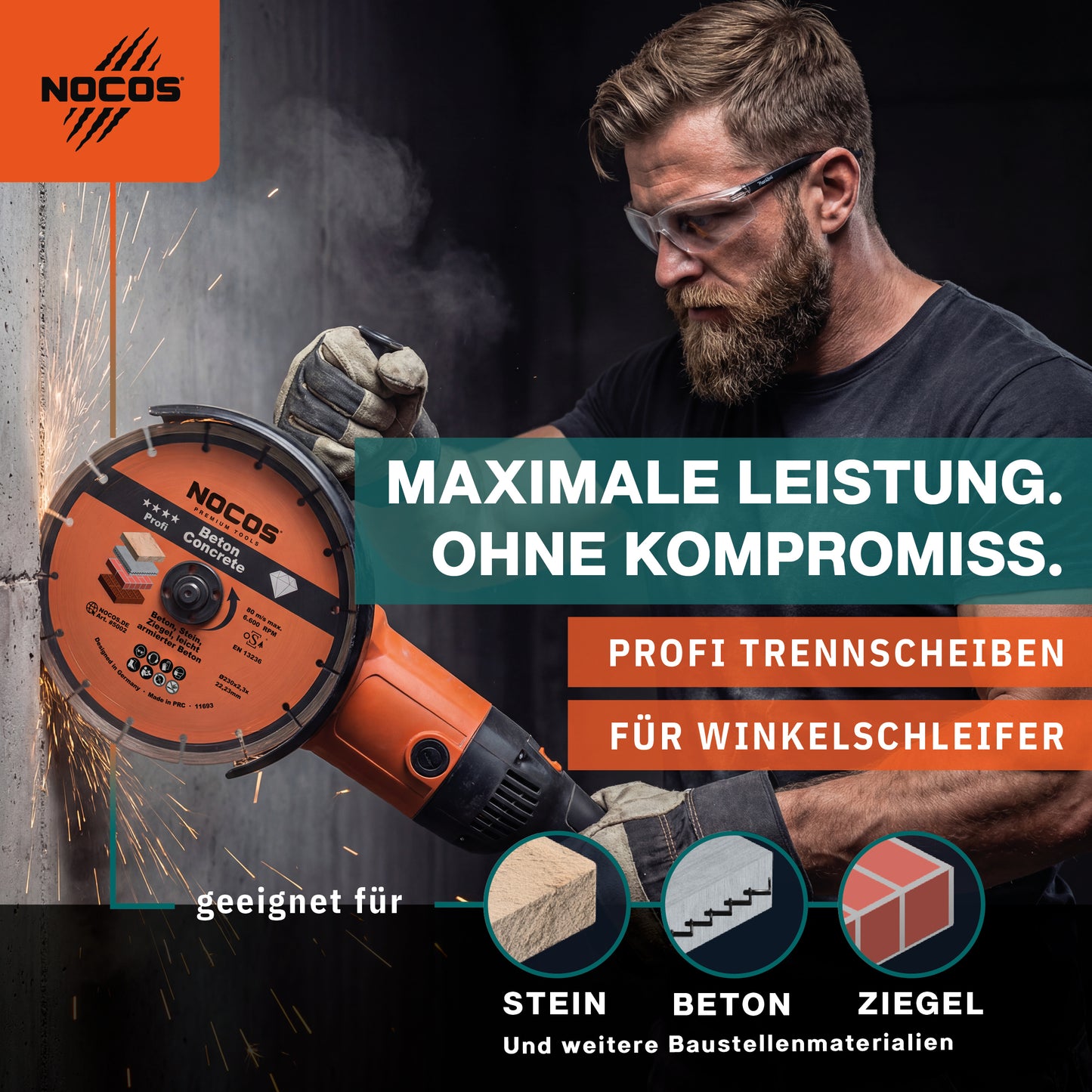 NOCOS Profi Diamantscheibe 230 mm für Beton, Stein, Ziegel und weitere Baustellenmaterialien - Diamant Trennscheibe für Winkelschleifer - 2er Pack
