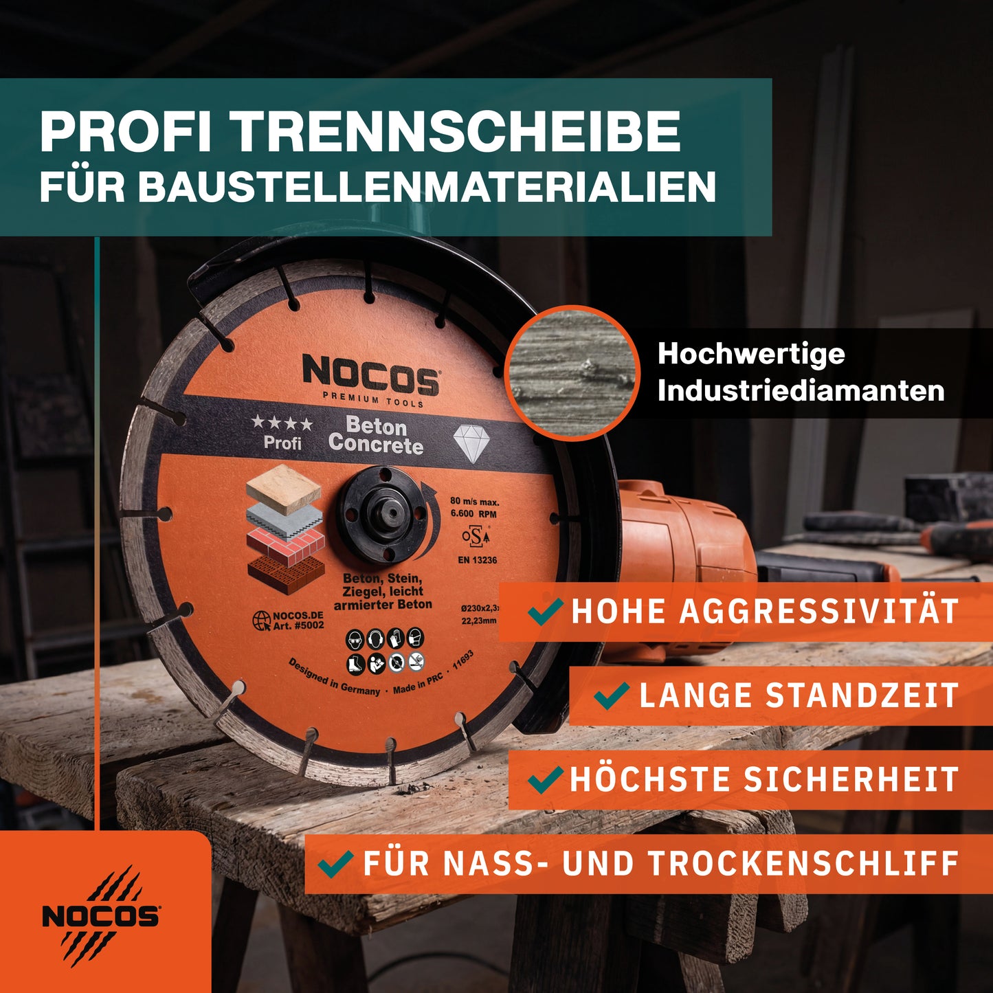 NOCOS Profi Diamantscheibe 230 mm für Beton, Stein, Ziegel und weitere Baustellenmaterialien - Diamant Trennscheibe für Winkelschleifer