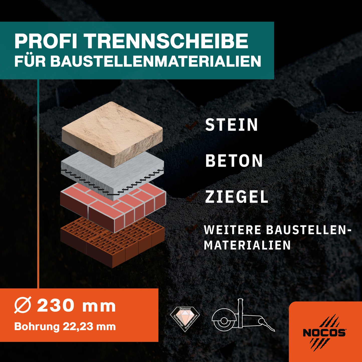 NOCOS Profi Diamantscheibe 230 mm für Beton, Stein, Ziegel und weitere Baustellenmaterialien - Diamant Trennscheibe für Winkelschleifer