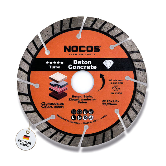 NOCOS Turbo Diamantscheibe 125 mm für Beton, Stein, Ziegel und weitere Baustellenmaterialien - Diamant Trennscheibe für Winkelschleifer und Mauernutfräsen