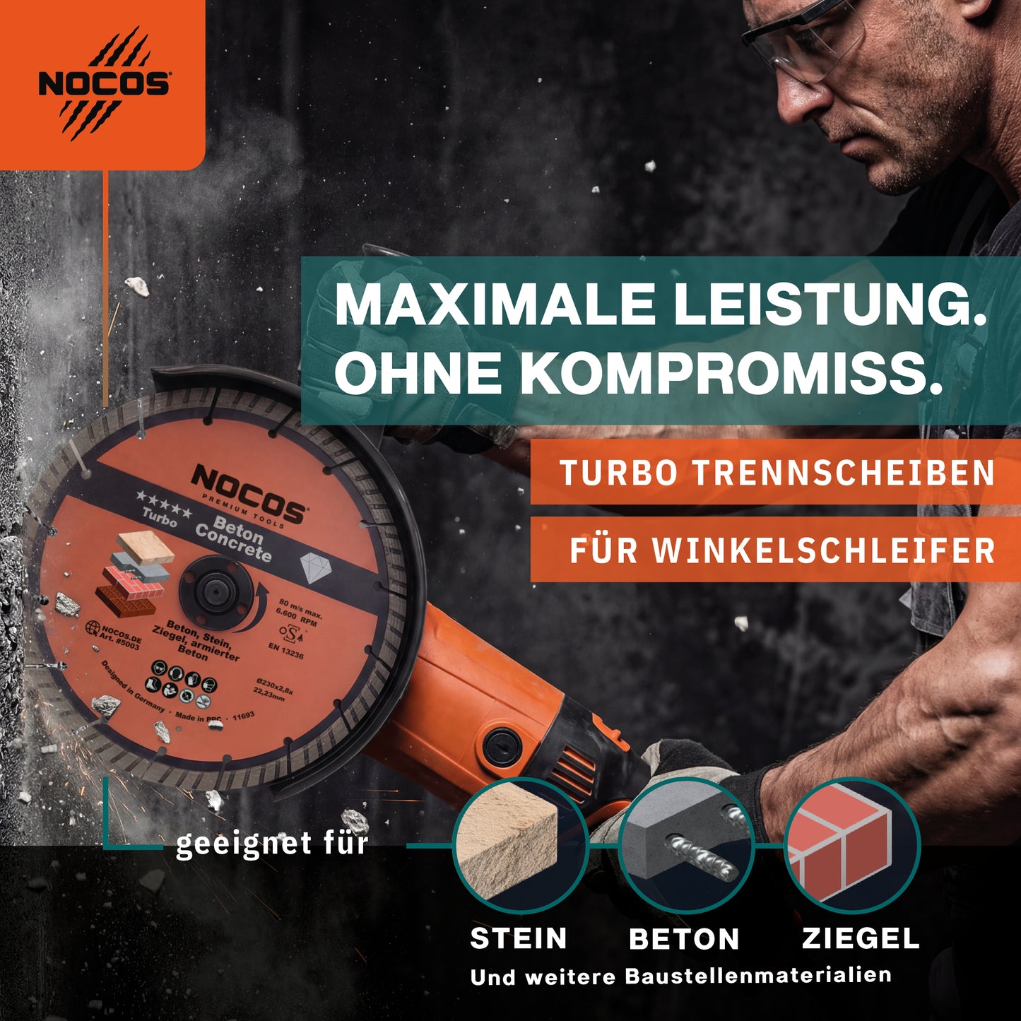 NOCOS Turbo Diamantscheibe 230 mm für Beton, Stein, Ziegel und weitere Baustellenmaterialien - Diamant Trennscheibe für Winkelschleifer