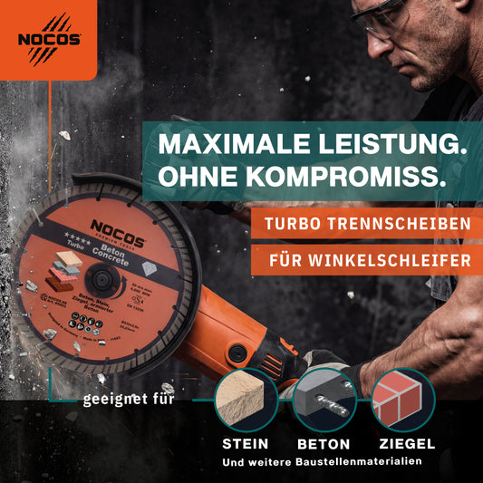 NOCOS Turbo Diamantscheibe 230 mm für Beton, Stein, Ziegel und weitere Baustellenmaterialien - Diamant Trennscheibe für Winkelschleifer