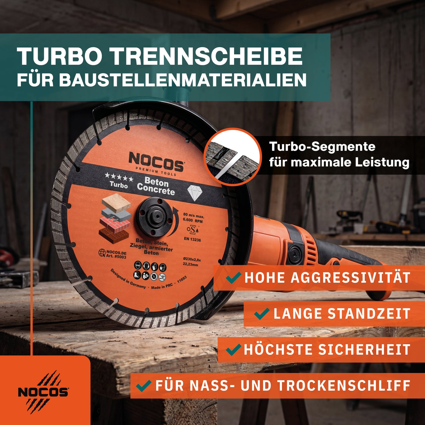 NOCOS Turbo Diamantscheibe 230 mm für Beton, Stein, Ziegel und weitere Baustellenmaterialien - Diamant Trennscheibe für Winkelschleifer