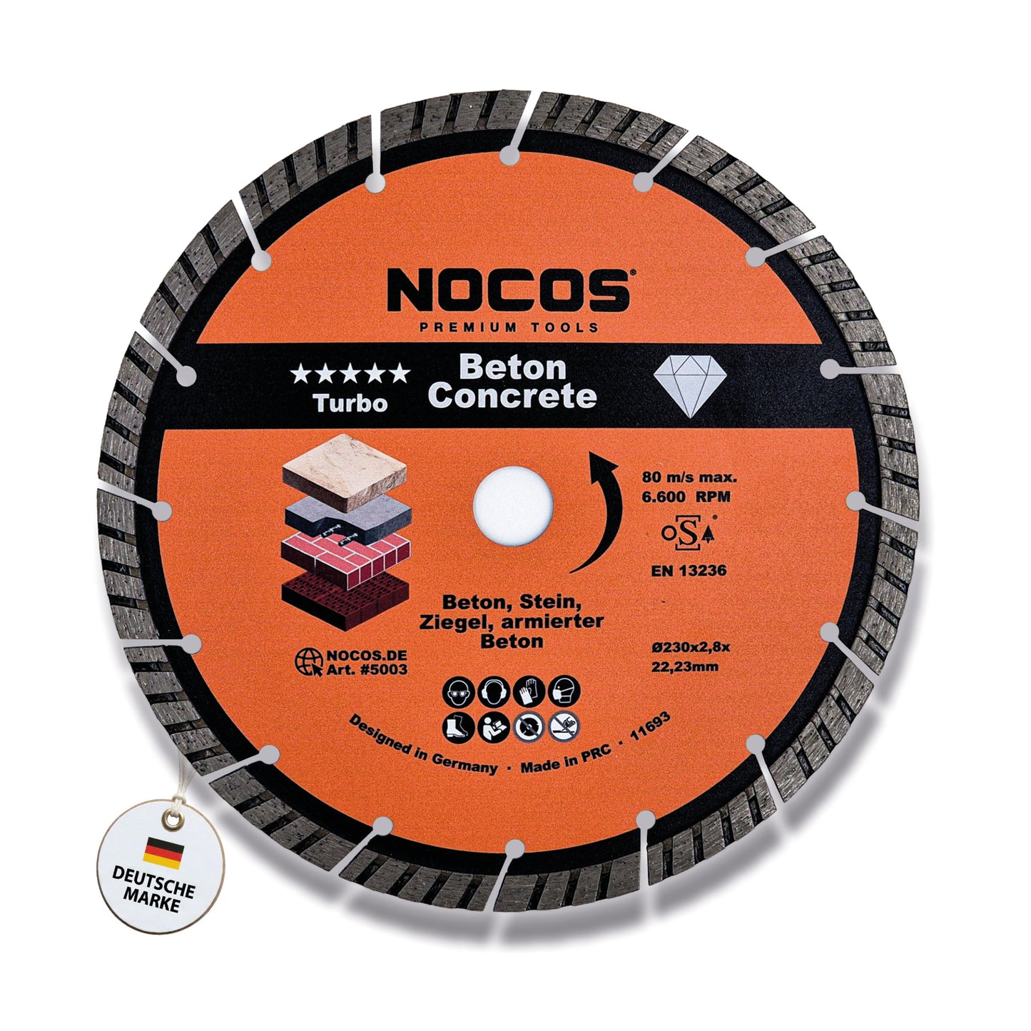 NOCOS Turbo Diamantscheibe 230 mm für Beton, Stein, Ziegel und weitere Baustellenmaterialien - Diamant Trennscheibe für Winkelschleifer