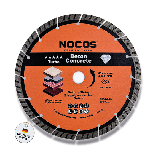 NOCOS Turbo Diamantscheibe 230 mm für Beton, Stein, Ziegel und weitere Baustellenmaterialien - Diamant Trennscheibe für Winkelschleifer