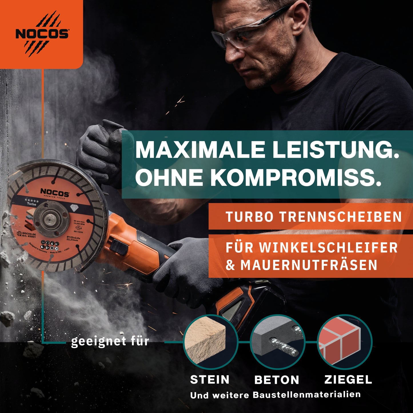 NOCOS Turbo Diamantscheibe 125 mm für Beton, Stein, Ziegel und weitere Baustellenmaterialien - Diamant Trennscheibe für Winkelschleifer und Mauernutfräsen