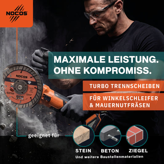NOCOS Turbo Diamantscheibe 125 mm für Beton, Stein, Ziegel und weitere Baustellenmaterialien - Diamant Trennscheibe für Winkelschleifer und Mauernutfräsen