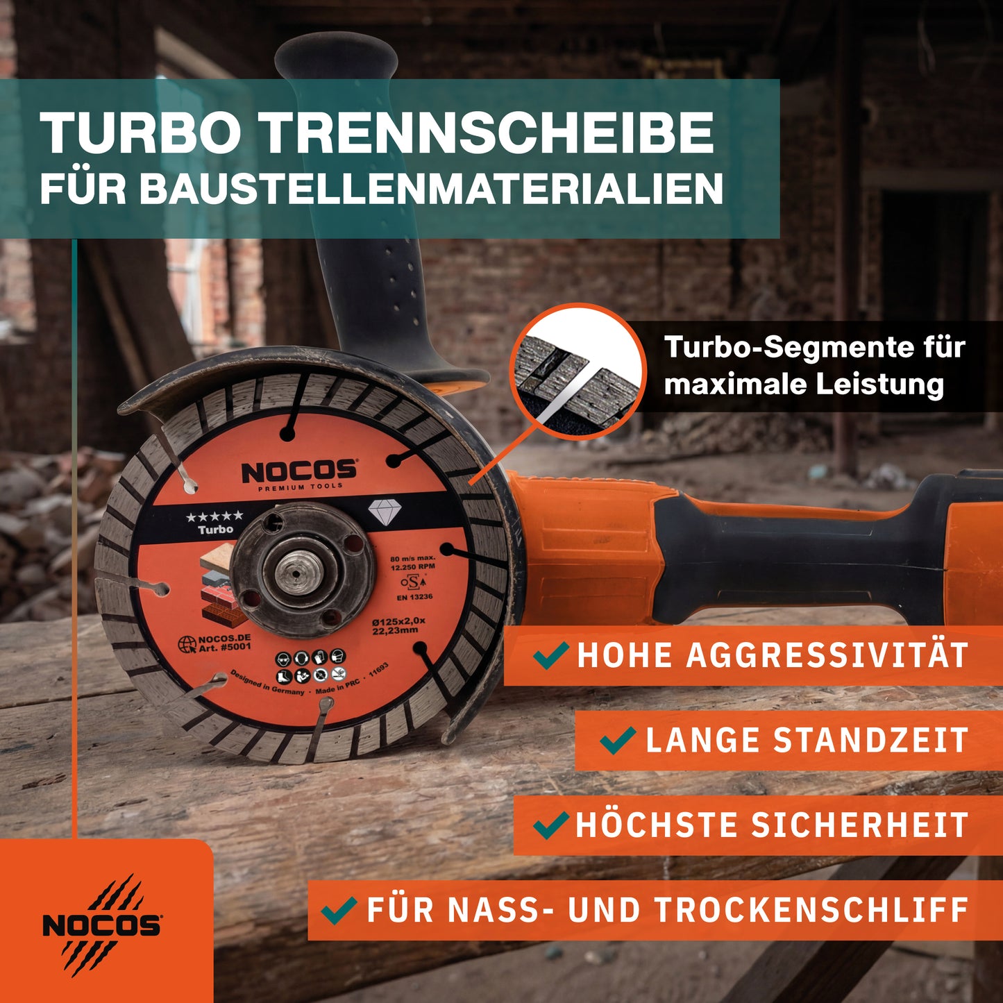 NOCOS Turbo Diamantscheibe 125 mm für Beton, Stein, Ziegel und weitere Baustellenmaterialien - Diamant Trennscheibe für Winkelschleifer und Mauernutfräsen