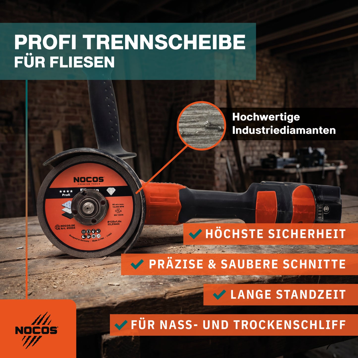 NOCOS Profi Diamant-Fliesenscheibe 125 mm für Fliesen, Keramik, Marmor, Granit und weitere Baustellenmaterialien - Diamant Trennscheibe für Winkelschleifer