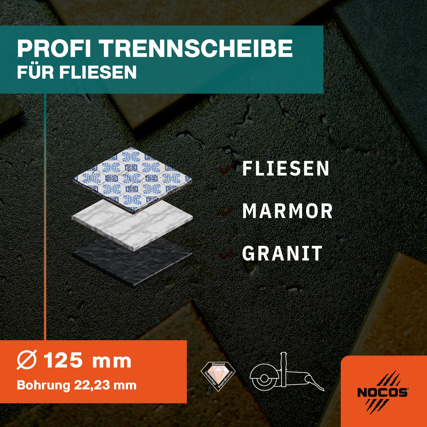 NOCOS Profi Diamant-Fliesenscheibe 125 mm für Fliesen, Keramik, Marmor, Granit und weitere Baustellenmaterialien - Diamant Trennscheibe für Winkelschleifer