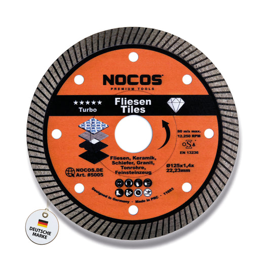 NOCOS Turbo Diamant-Fliesenscheibe 125 mm für Fliesen, Keramik, Marmor, Granit und weitere Baustellenmaterialien - Diamant Trennscheibe für Winkelschleifer