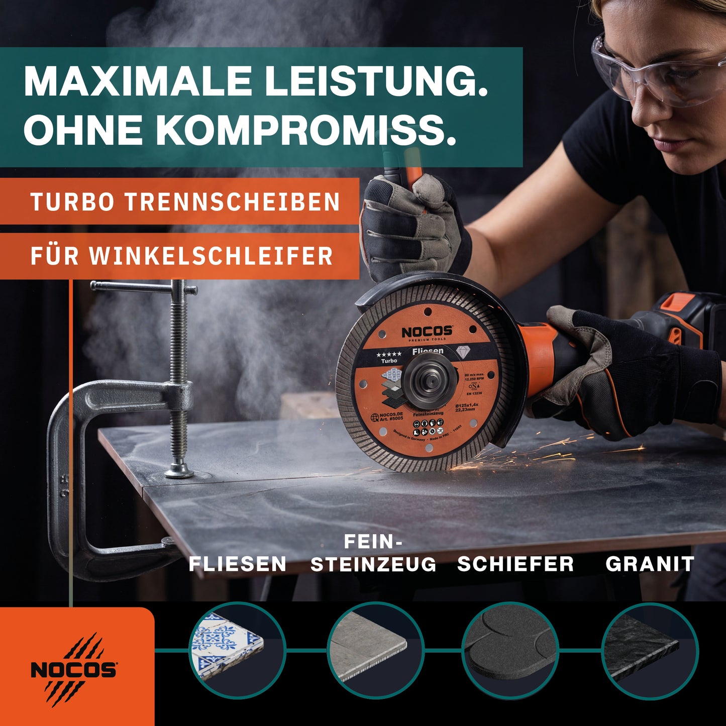 NOCOS Turbo Diamant-Fliesenscheibe 125 mm für Fliesen, Keramik, Marmor, Granit und weitere Baustellenmaterialien - Diamant Trennscheibe für Winkelschleifer