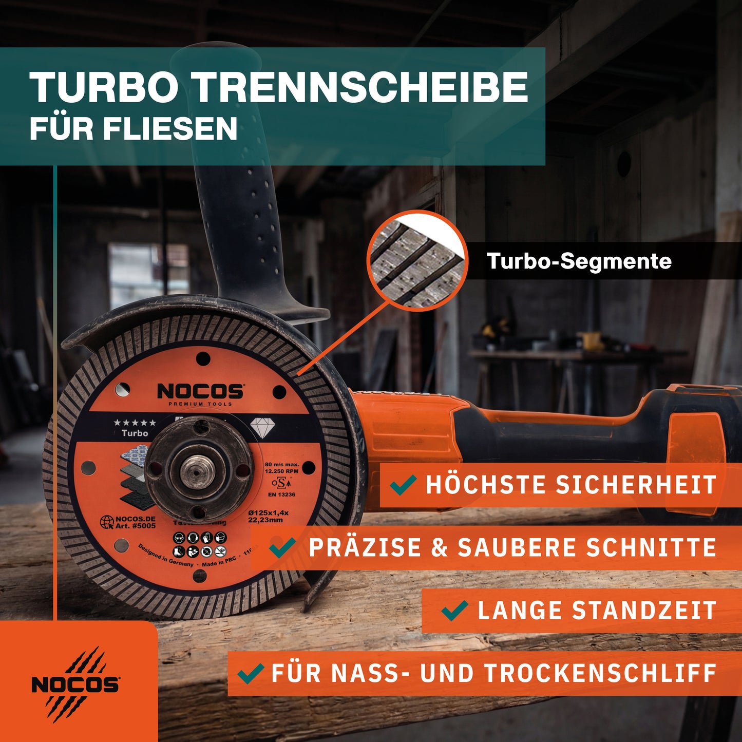 NOCOS Turbo Diamant-Fliesenscheibe 125 mm für Fliesen, Keramik, Marmor, Granit und weitere Baustellenmaterialien - Diamant Trennscheibe für Winkelschleifer