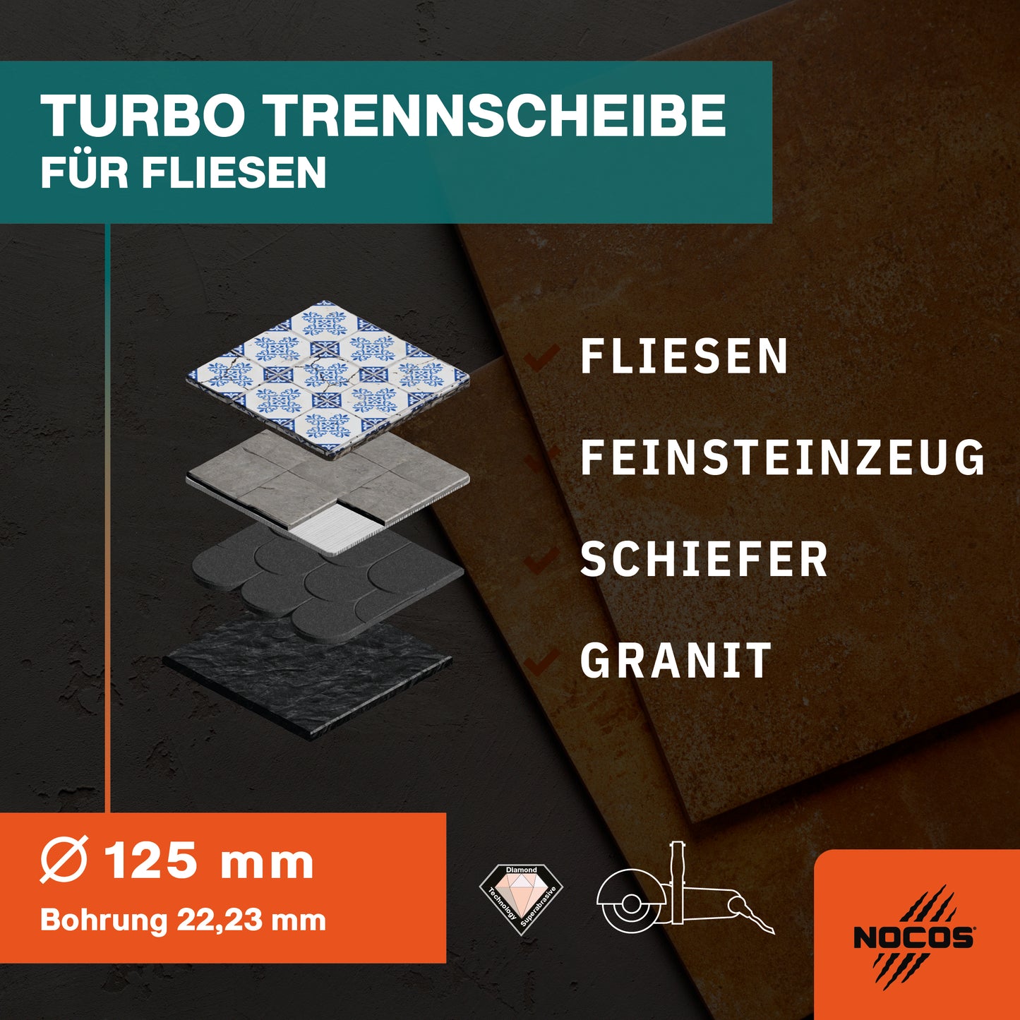 NOCOS Turbo Diamant-Fliesenscheibe 125 mm für Fliesen, Keramik, Marmor, Granit und weitere Baustellenmaterialien - Diamant Trennscheibe für Winkelschleifer
