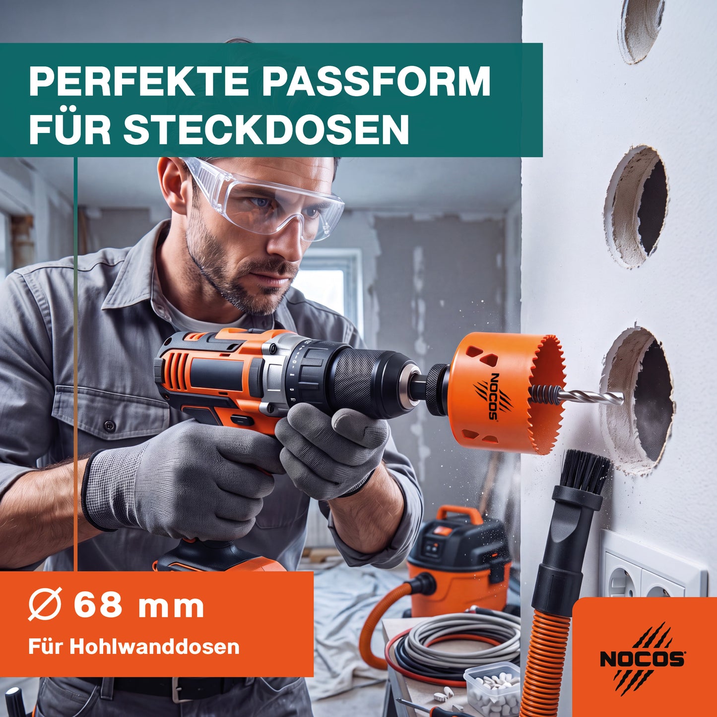 NOCOS Bi-Metall Lochsäge 68 mm HSSE Co 8% Profi-Qualität - inkl. Halter - Für Holz, Metall, Edelstahl, Kunststoff