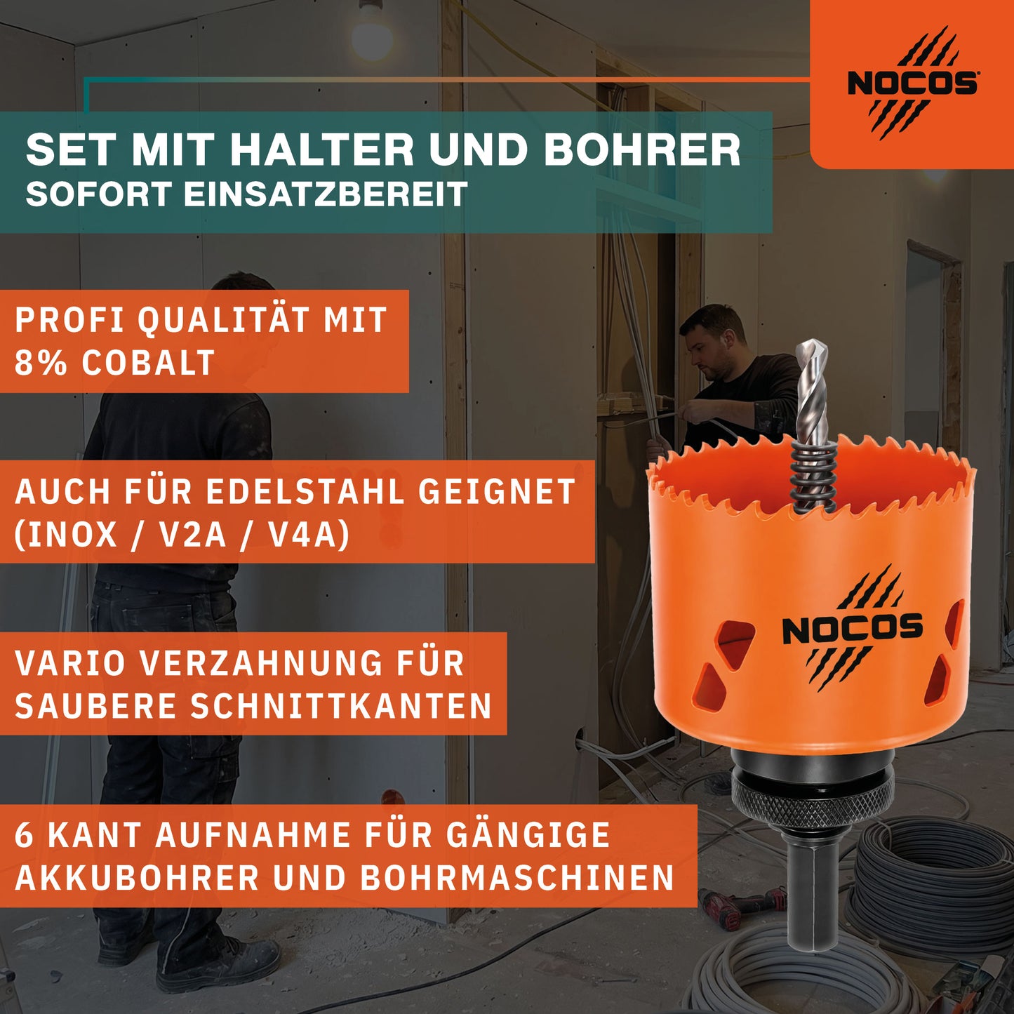 NOCOS Bi-Metall Lochsäge 68 mm HSSE Co 8% Profi-Qualität - inkl. Halter - Für Holz, Metall, Edelstahl, Kunststoff