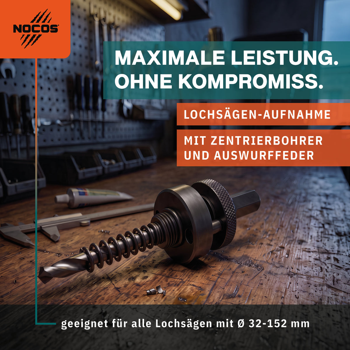 NOCOS Lochsägen-Aufnahme 5/8" mit Zentrierbohrer & Auswurffeder - 6-Kant-Aufnahme (11 mm) mit 112 mm HSSG Zentrierbohrer und starker Auswurffeder - Passend für Lochsägen Ø 32-152 mm