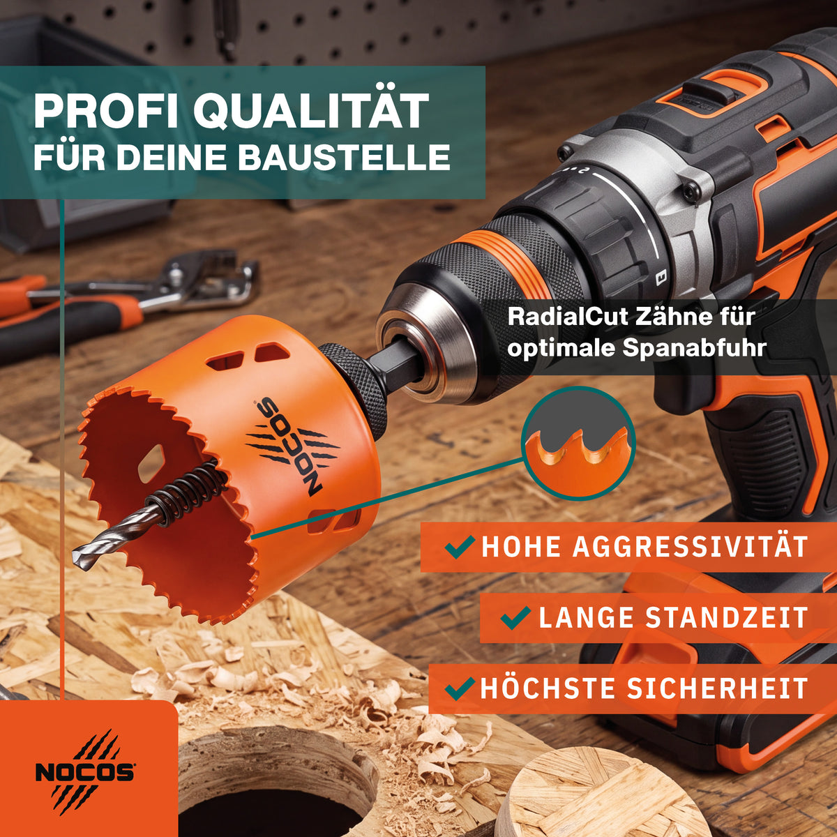 NOCOS Bi-Metall Lochsäge 68 mm HSSE Co 8 % - Profi-Qualität - ohne Halter - Für Holz, Rigips, Metall & Edelstahl | Easy-Plug-System | 48 mm Schnitttiefe | RadialCut Zähne für präzise Schnitte