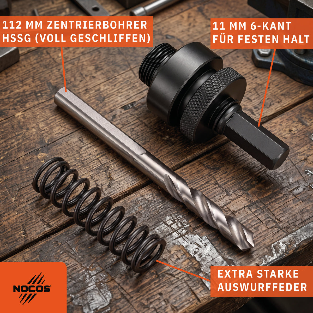 NOCOS Lochsägen-Aufnahme 5/8" mit Zentrierbohrer & Auswurffeder - 6-Kant-Aufnahme (11 mm) mit 112 mm HSSG Zentrierbohrer und starker Auswurffeder - Passend für Lochsägen Ø 32-152 mm